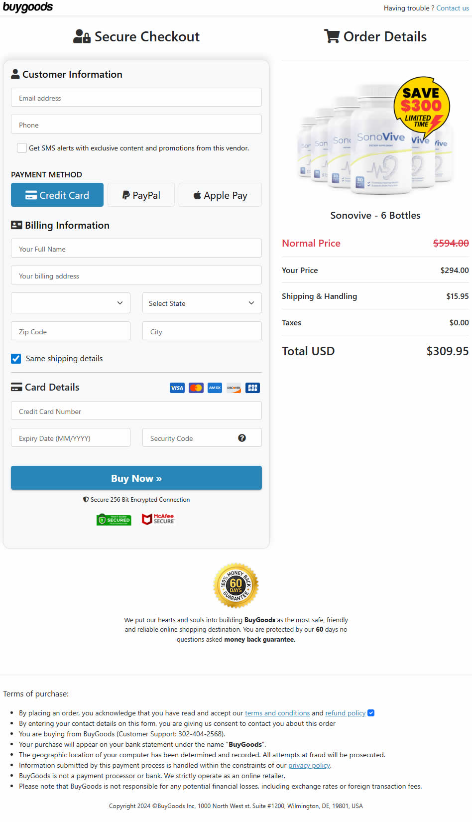 SonoVive Order Checkout Page